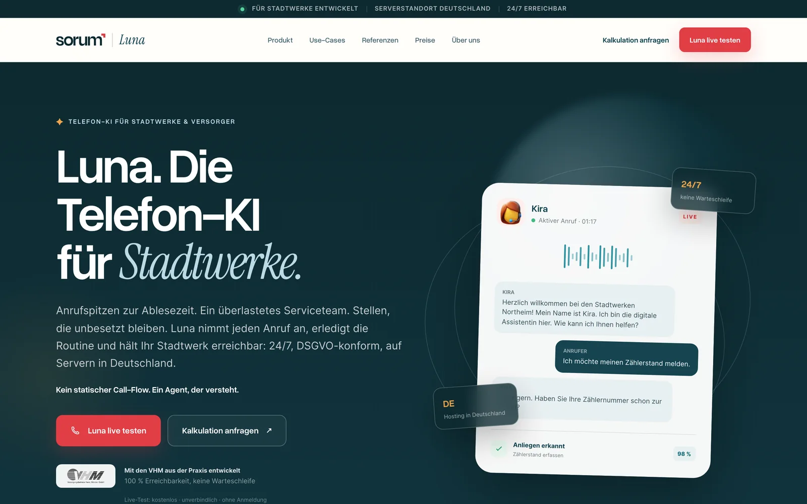 Produktseite der Telefon-KI Luna mit Beispieldialog. Umgesetzt von sorum (Versorgungsbetriebe Hann. Münden)