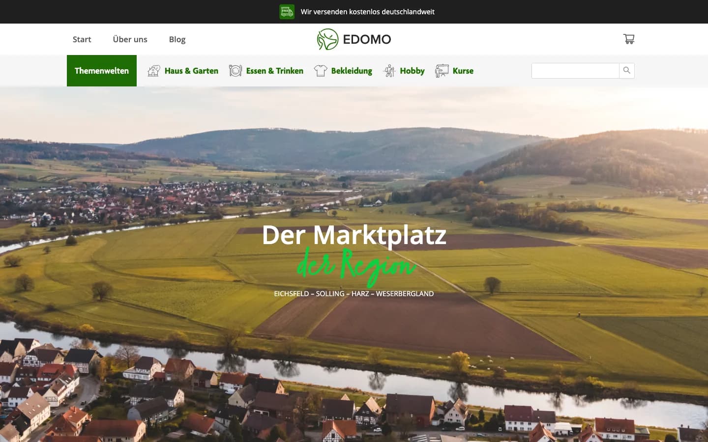 Startseite des regionalen Marktplatzes edomo mit Luftbild einer Flusslandschaft. Umgesetzt von sorum (Regionaler Marktplatz)