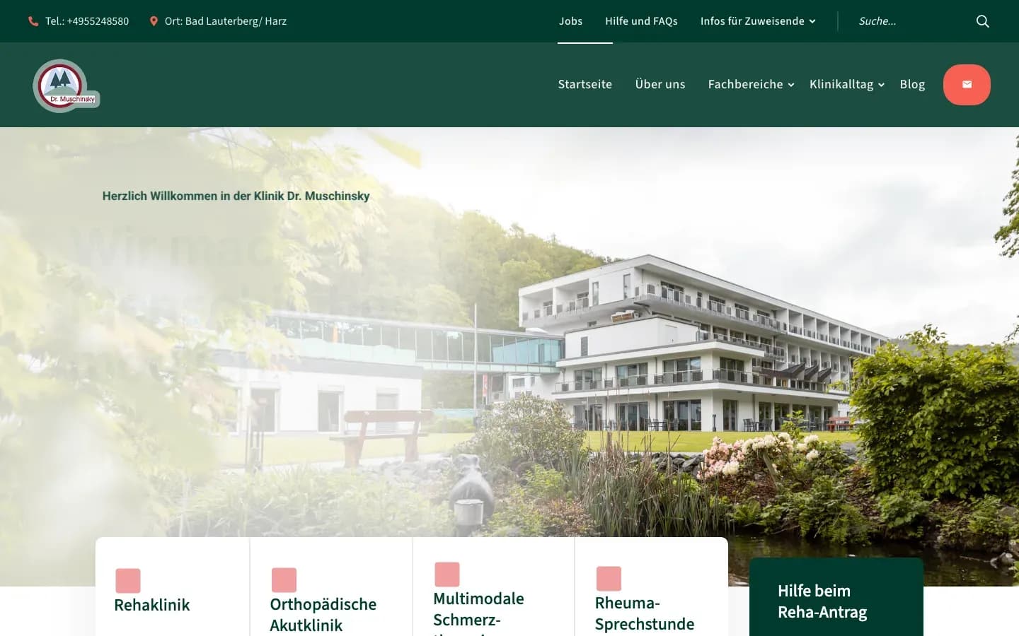 Startseite der Klinik Dr. Muschinsky mit Luftbild des Klinikgebäudes. Umgesetzt von sorum (Klinikgruppe)